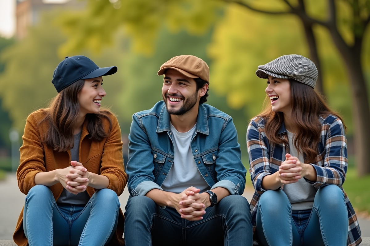 Groupe d amis avec différents styles de casquettes dans un parc