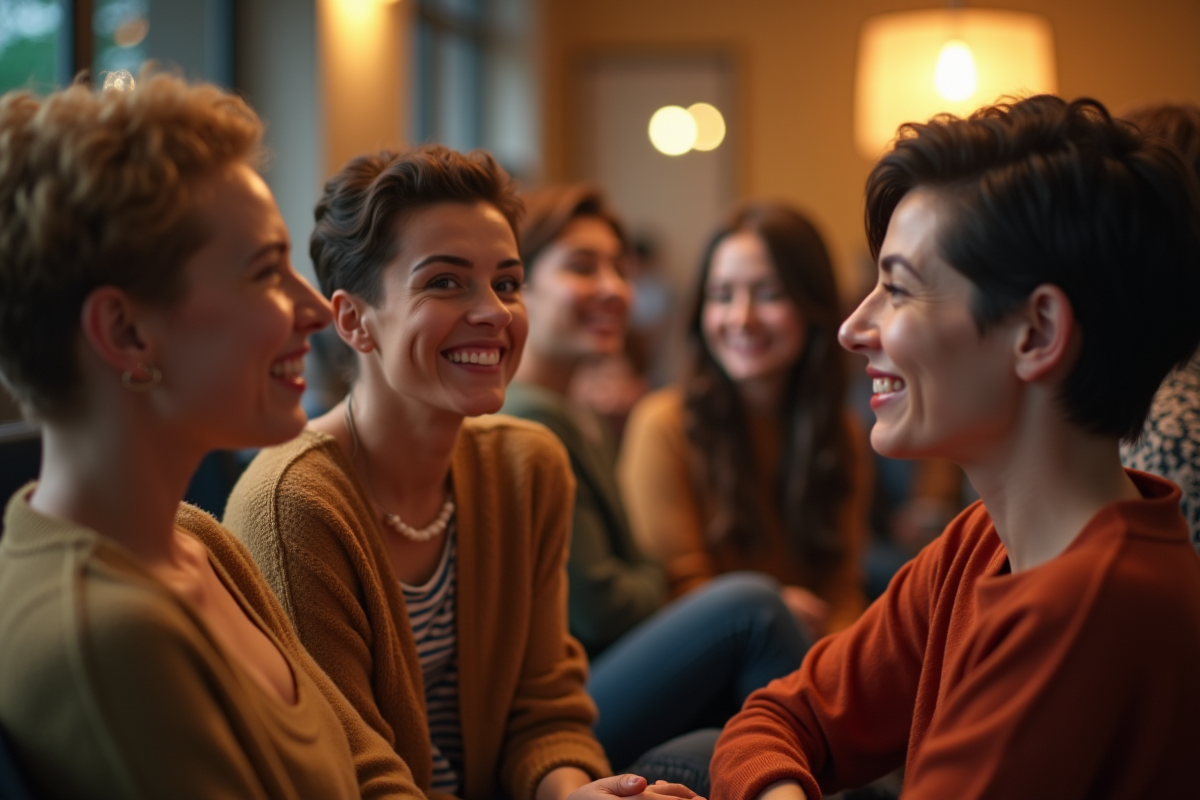 Groupe de femmes aux coupes courtes dans un salon chaleureux