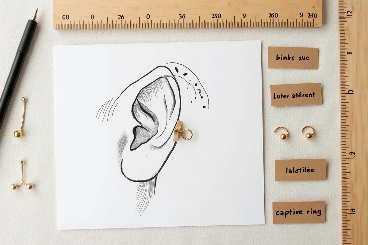 Flat-lay éducatif montrant un schéma anatomique de l'oreille avec différents bijoux de piercing étiquetés sur fond lin