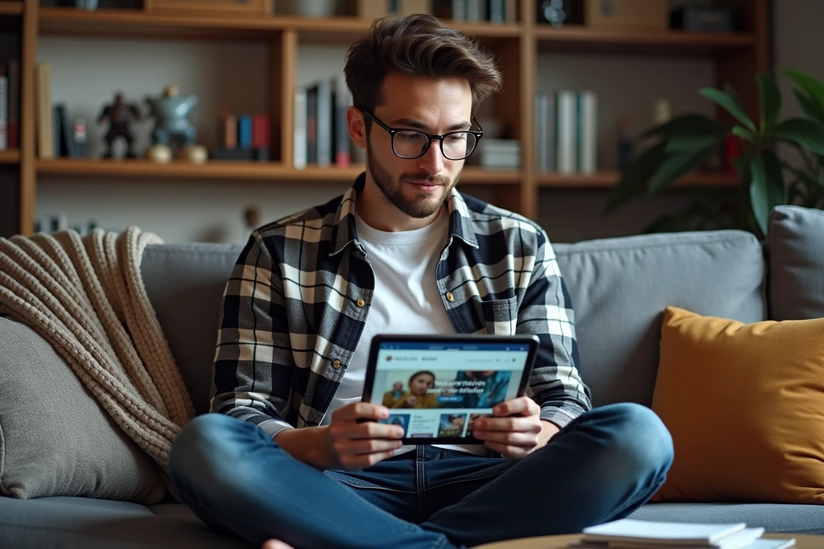Homme aux lunettes rondes consultant son blog beauté geek sur tablette dans un salon cosy mêlant figurines et produits cosmétiques