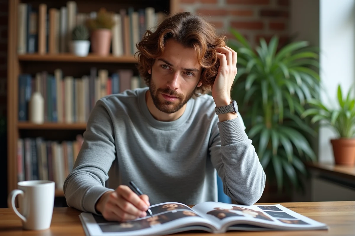 Homme aux boucles châtaines naturelles passant la main dans ses cheveux tout en lisant un magazine de coiffure dans un intérieur cosy