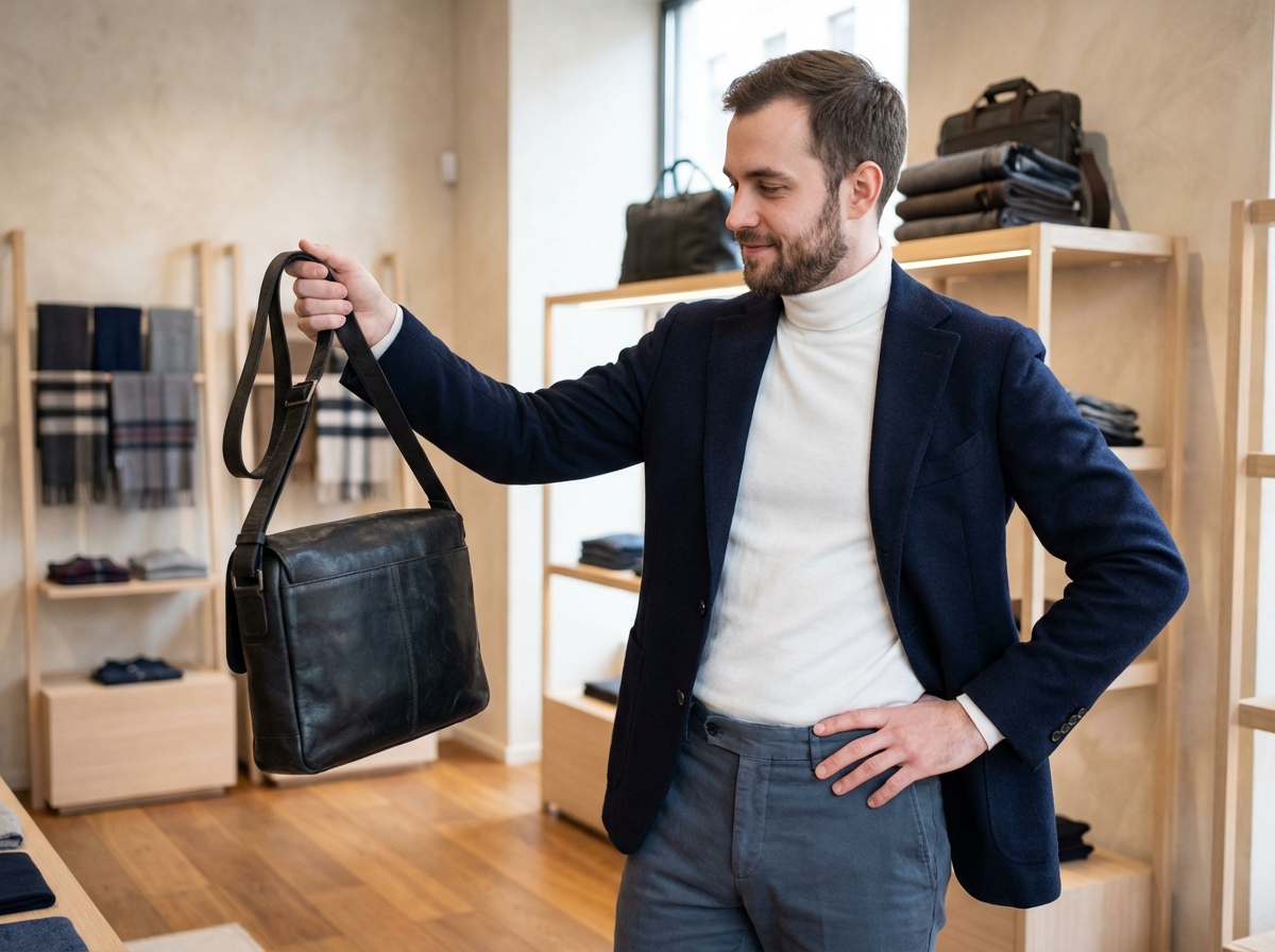 Homme regardant un sac en cuir dans une boutique moderne