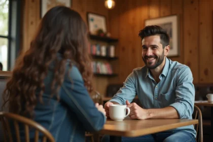 Homme souriant lors d'une rencontre dans un café chaleureux