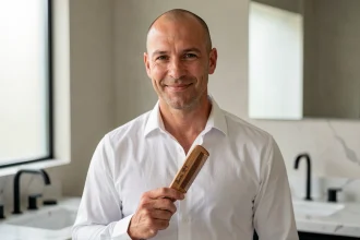 Homme chauve confiant tenant un peigne personnalisé en bois gravé dans une salle de bain moderne et épurée