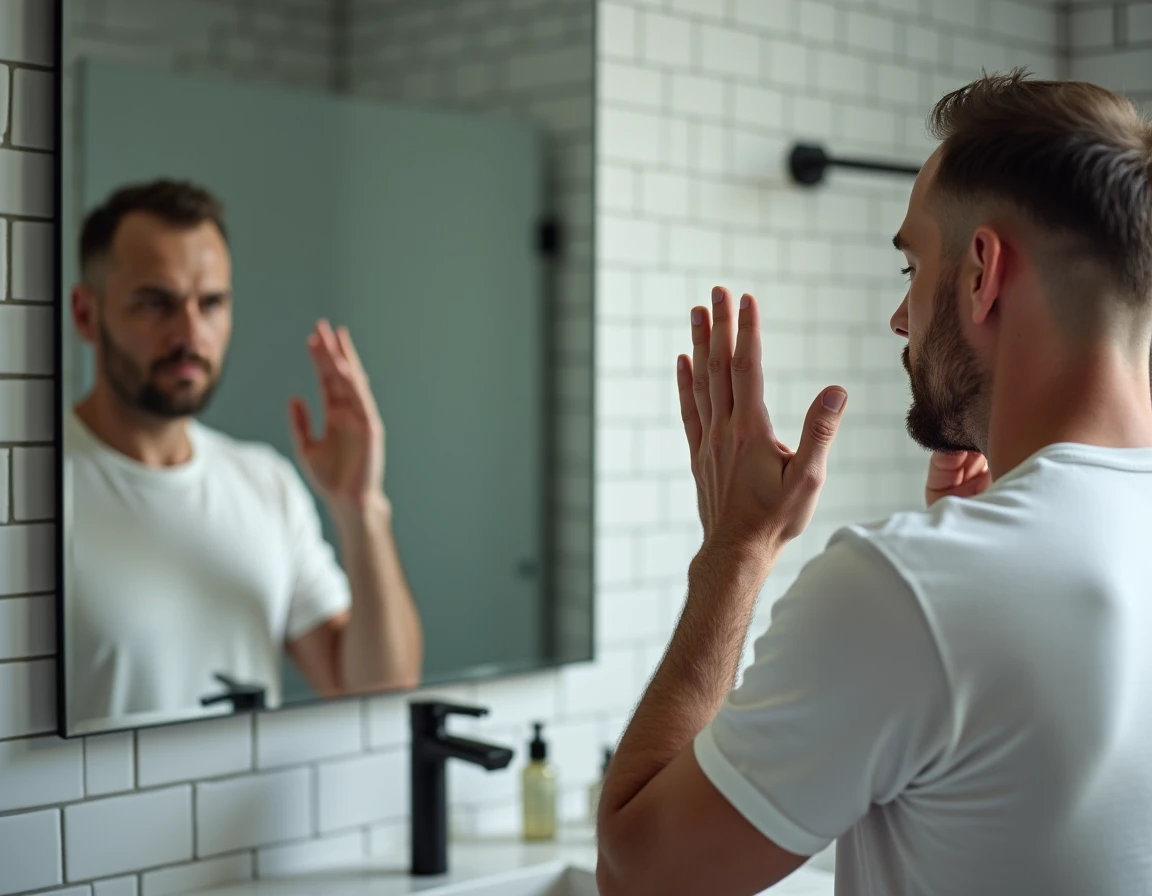 Homme aux cheveux clairsemés inspectant sa coupe fade tapered devant un miroir de salle de bain