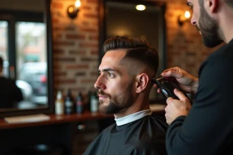 Homme aux cheveux fins recevant une coupe fade tapered dans un salon de coiffure professionnel