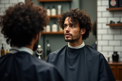 Homme aux cheveux frisés naturels assis dans un fauteuil de barbier, contemplant sa coupe dans un miroir de salon moderne
