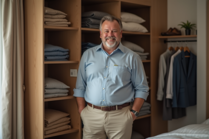Homme d'âge moyen choisissant un pantalon ajusté dans sa chambre