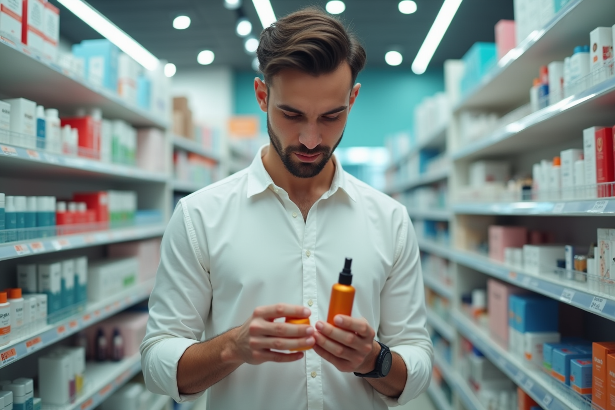 Homme compare deux bouteilles de soins en pharmacie