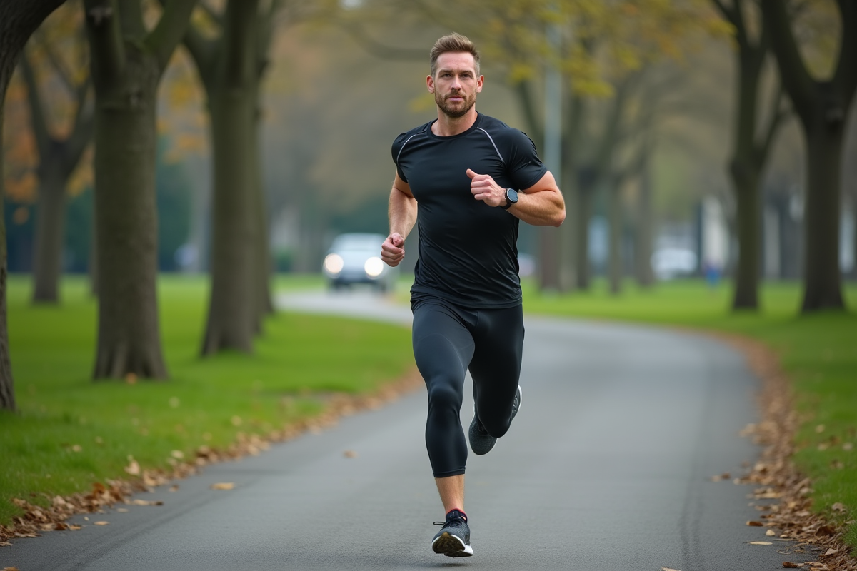 Homme musclé courant dans un parc urbain verdoyant