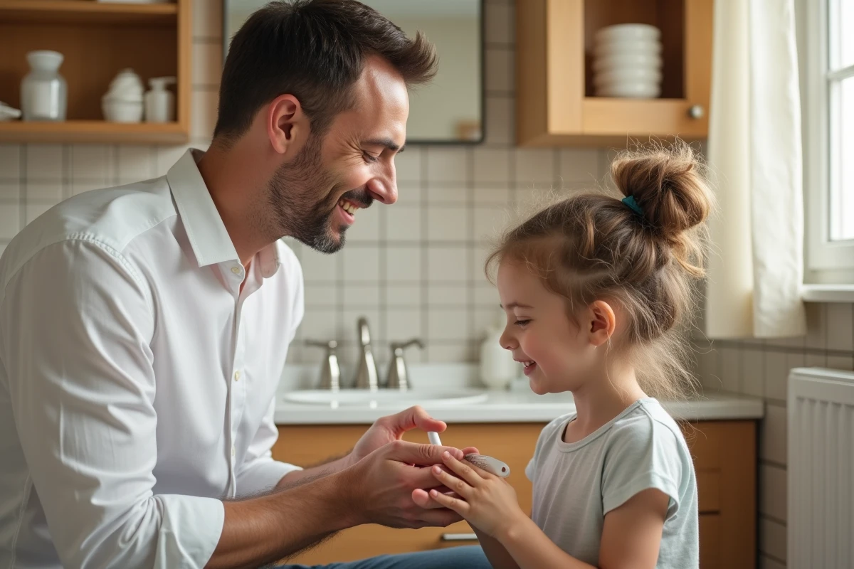 Homme montrant un kardoune à une jeune fille dans la salle de bain