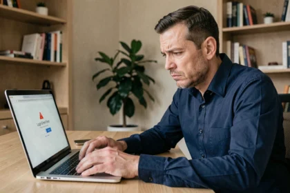 Homme frustré devant une erreur de connexion Hairnet sur son ordinateur portable après une mise à jour