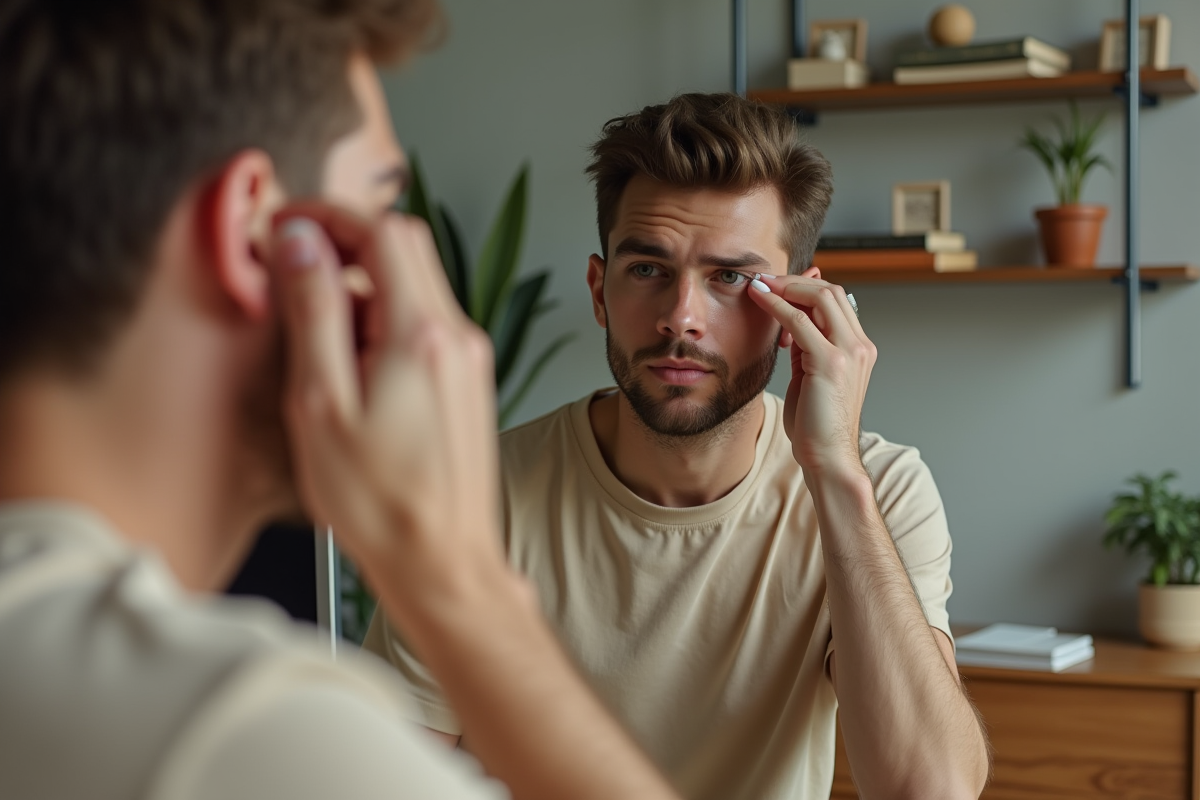 Homme en t shirt applique un gel sur ses sourcils dans le miroir