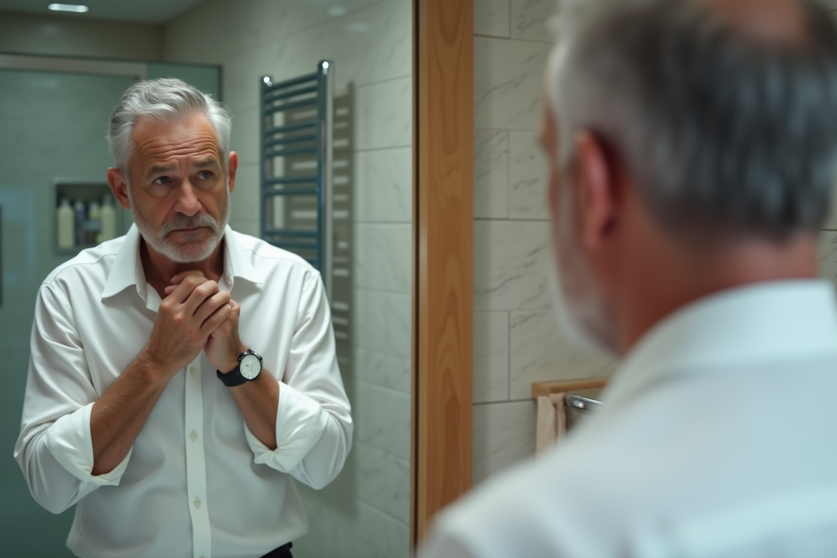 Homme regardant son reflet dans un miroir de salle de bain