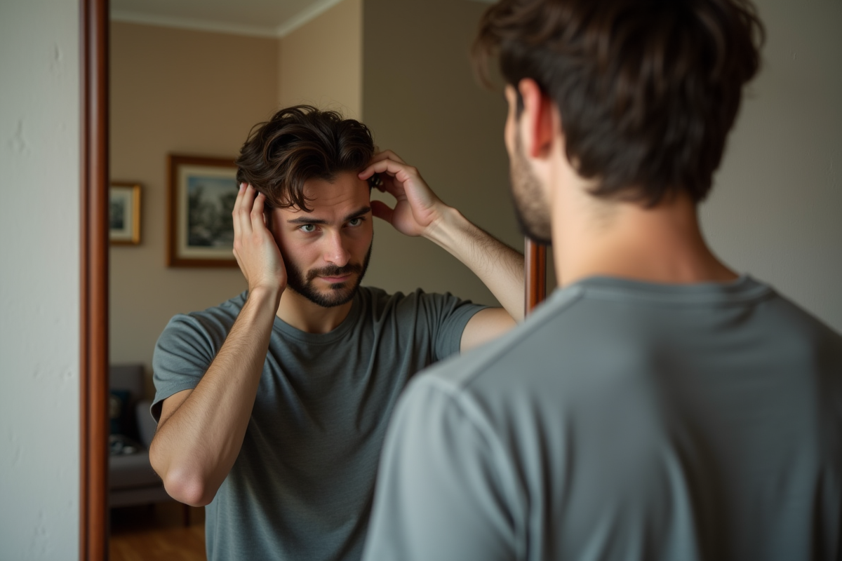 Homme regardant son cuir chevelu dans un miroir dans un couloir