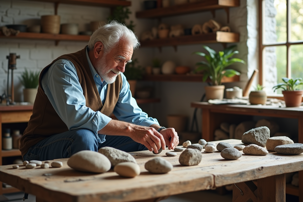 Homme âgé organisant des pierres dans un atelier chaleureux
