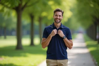 Homme souriant ajustant son col dans un parc urbain
