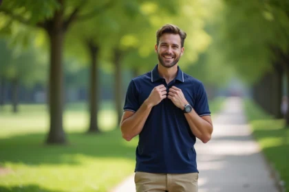 Homme souriant ajustant son col dans un parc urbain