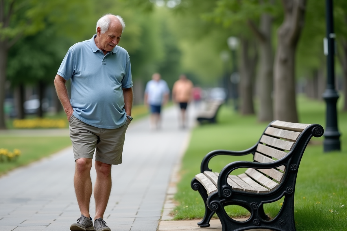 Homme âgé assis sur un banc de parc en ville