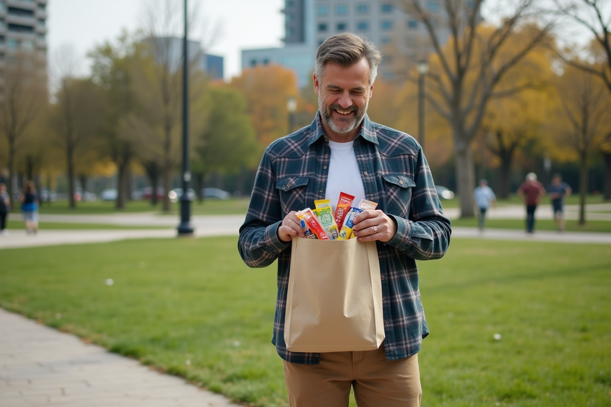Homme curieux avec sac de freebies dans un parc urbain