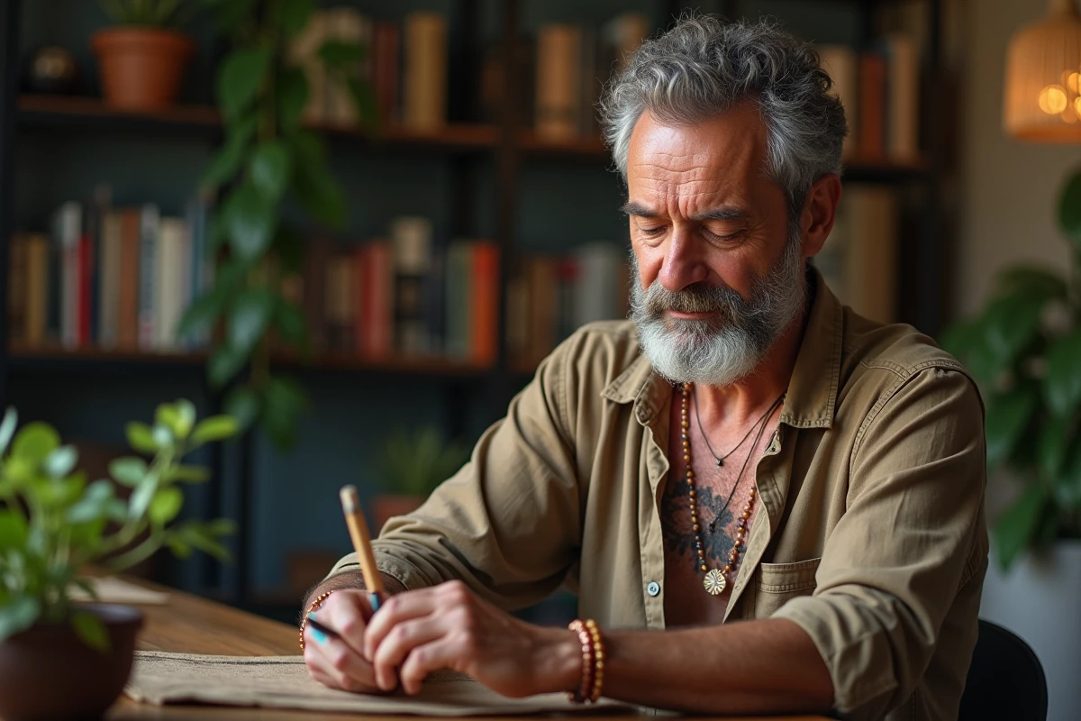 Homme contemplant un tatouage soleil sur la poitrine en intérieur