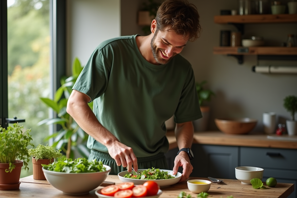 Jeune homme préparant une salade avec de l