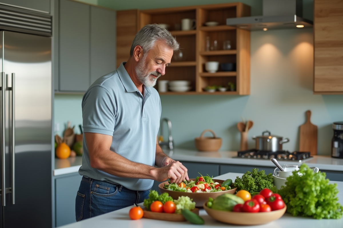 Homme préparant une salade dans une cuisine moderne