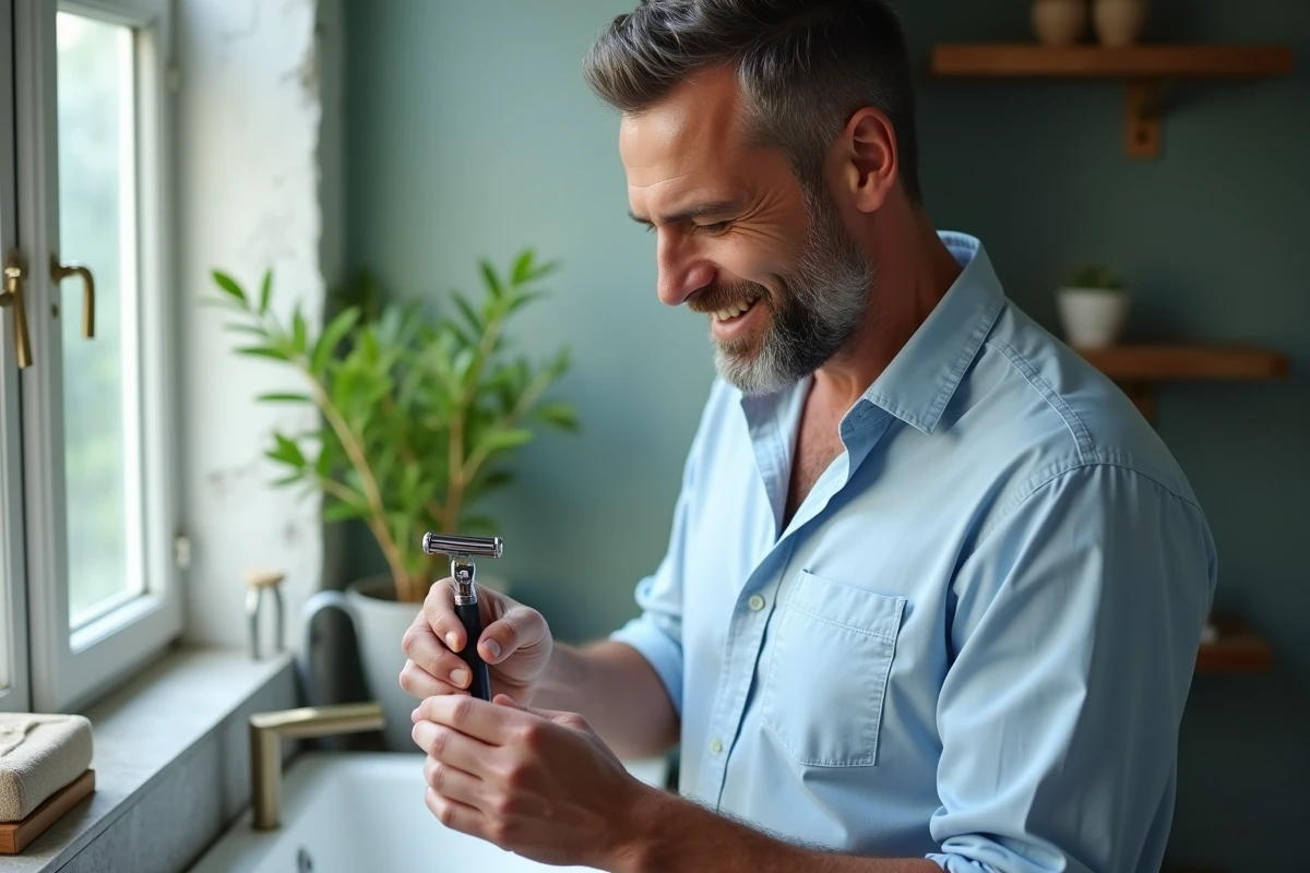 Homme avec barbe examinant un rasoir manuel dans une salle de bain lumineuse