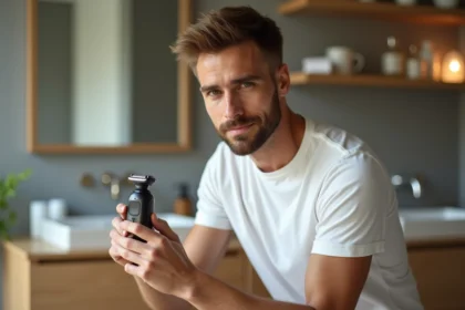 Homme en t-shirt blanc tenant un rasoir électrique dans un décor moderne