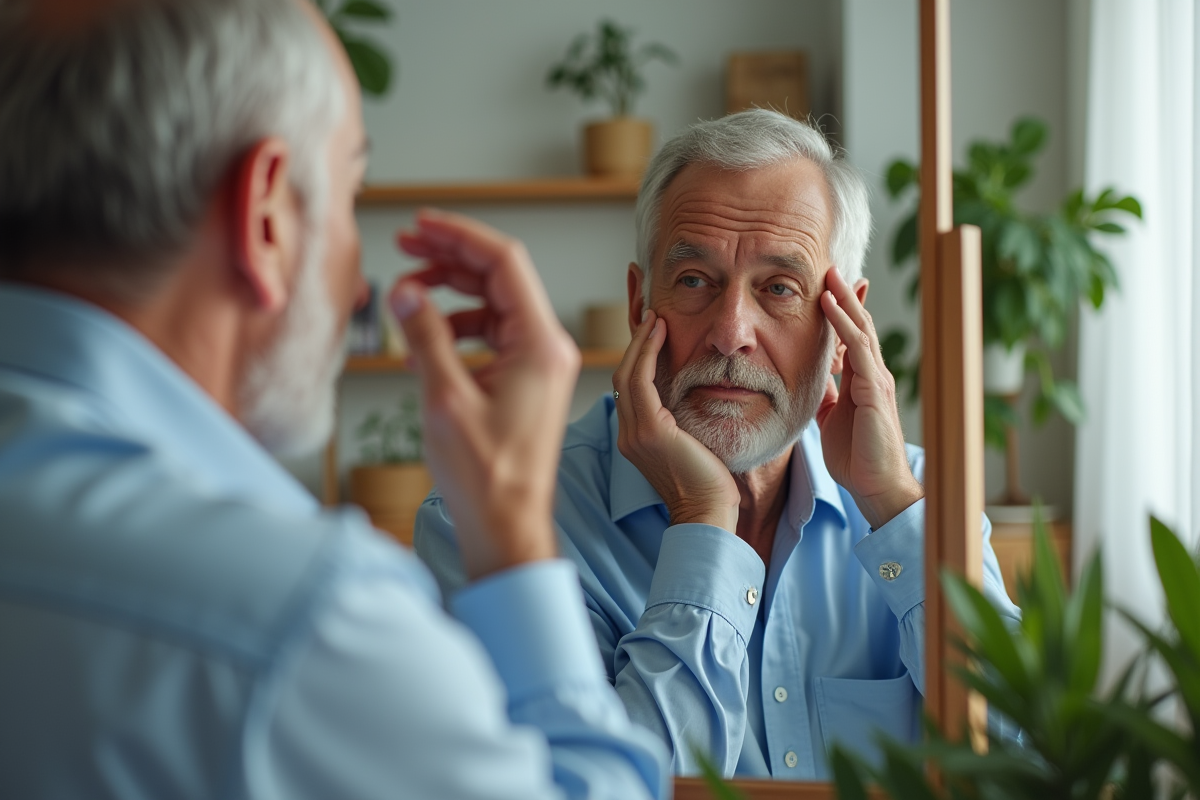 Homme mature regardant son reflet dans un miroir de chambre