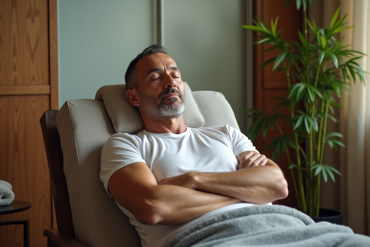 Homme fatigué en tenue de sport dans un espace spa intérieur