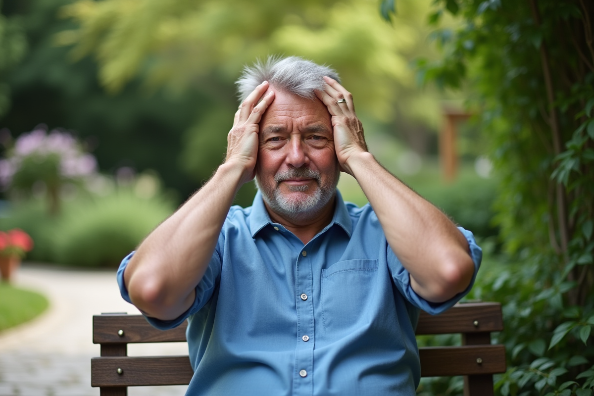 Homme d age en plein air dans un jardin serein