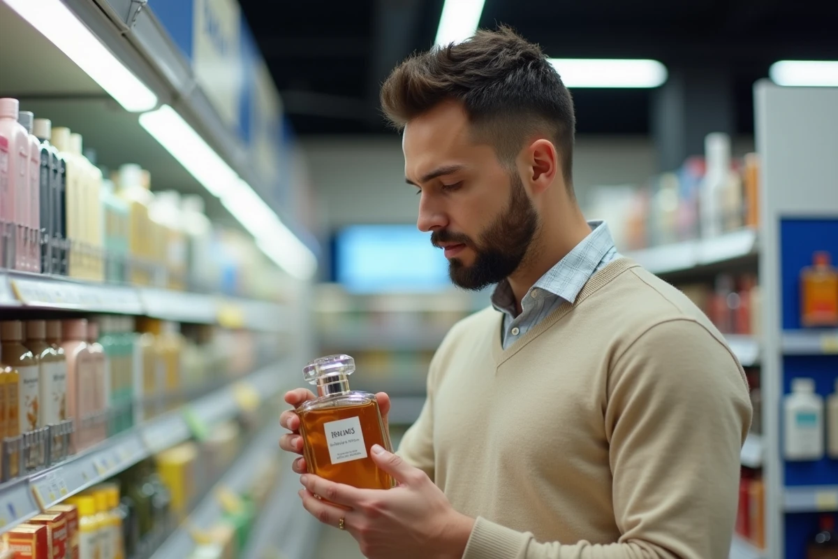 Jeune homme examinant des bouteilles de parfum en supermarché