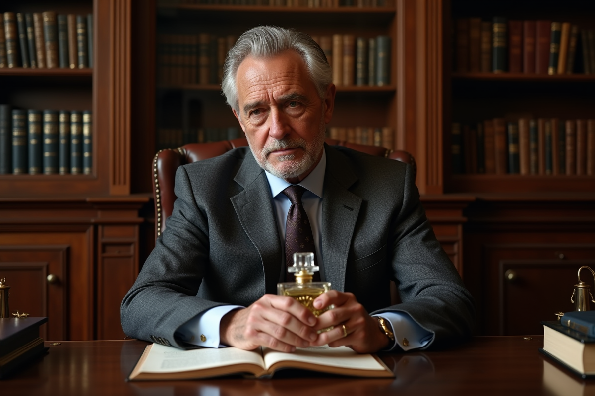 Homme distingué en costume examinant un flacon de parfum dans son bureau