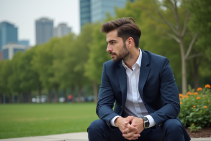 Homme élégant en costume dans un parc urbain