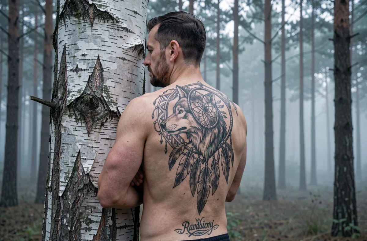 Homme torse nu révélant un grand tatouage tribal loup et attrape-rêves dans le dos, appuyé contre un bouleau en forêt