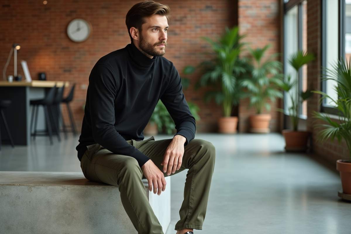 Homme en pantalon cargo olive dans un espace de travail