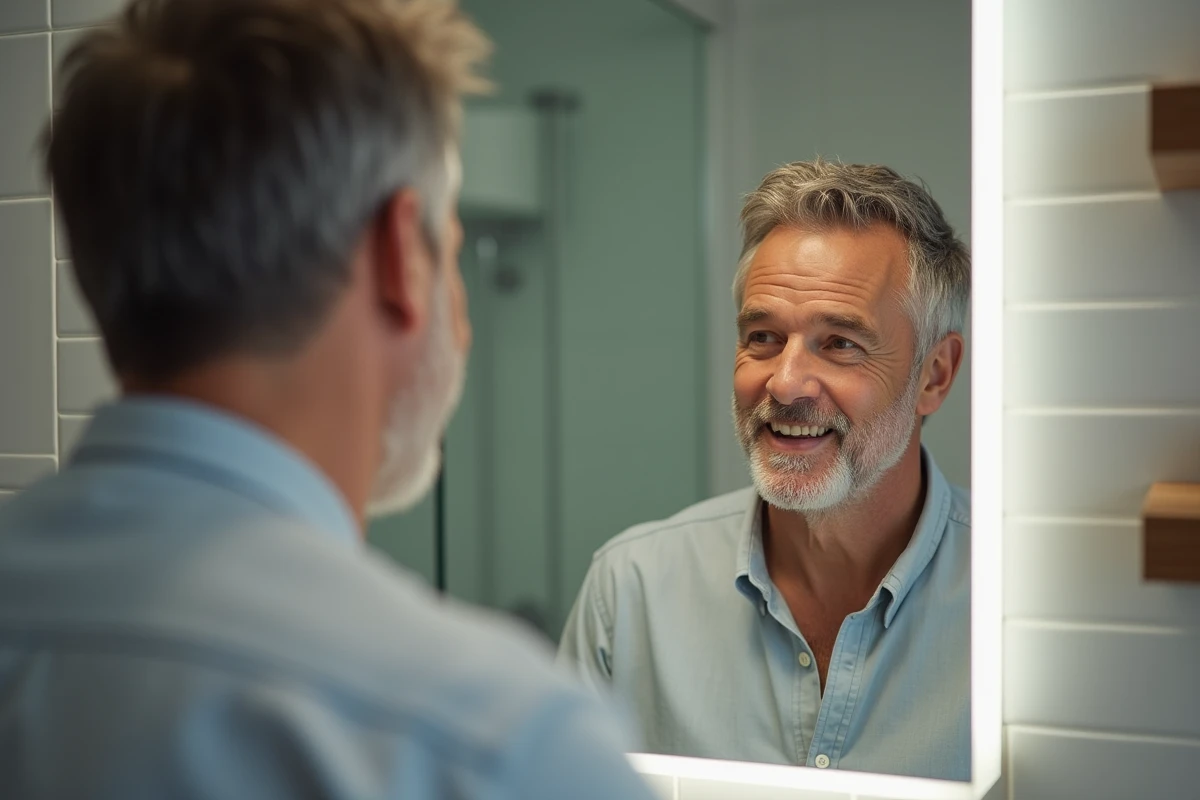 Homme regardant ses cheveux dans le miroir de la salle de bain