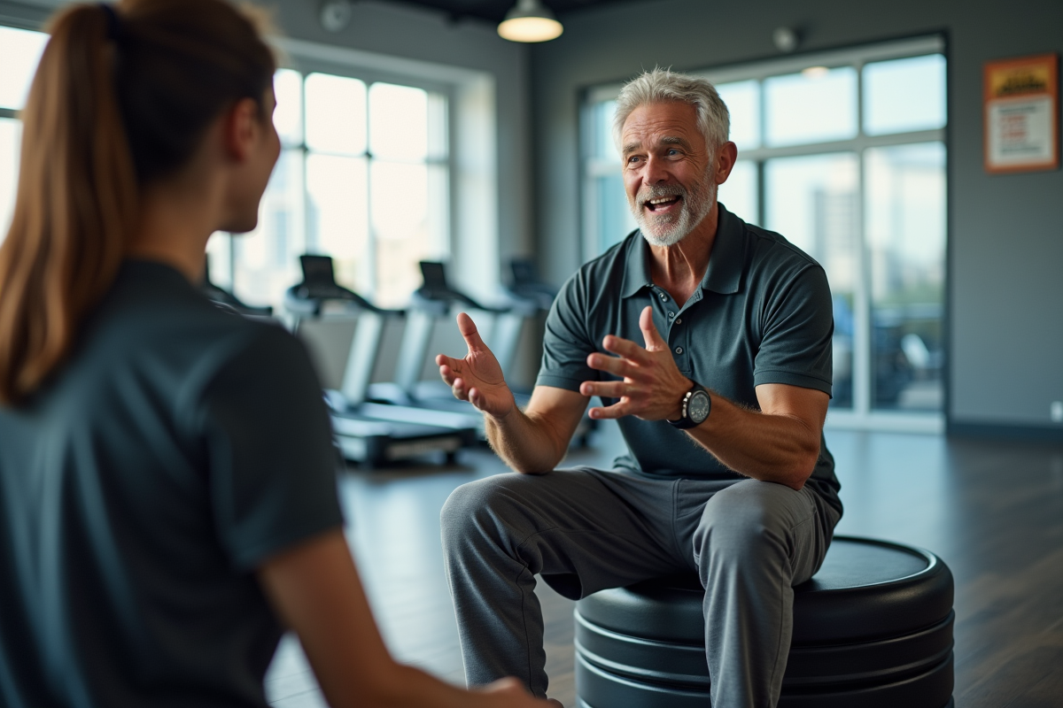 Homme assis sur banc avec plateforme vibrante dans studio lumineux