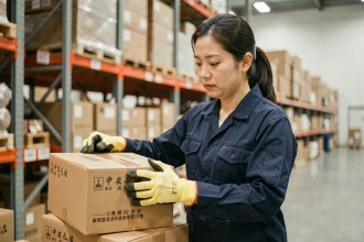 Employée de grossiste oriental inspectant un colis dans un entrepôt logistique moderne