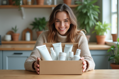 Jeune femme souriante ouvre un coffret de produits de soin naturels
