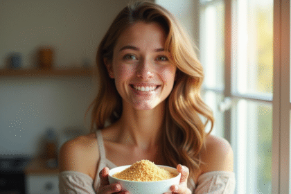Jeune femme souriante avec cheveux brillants tenant un bol de levure de bière