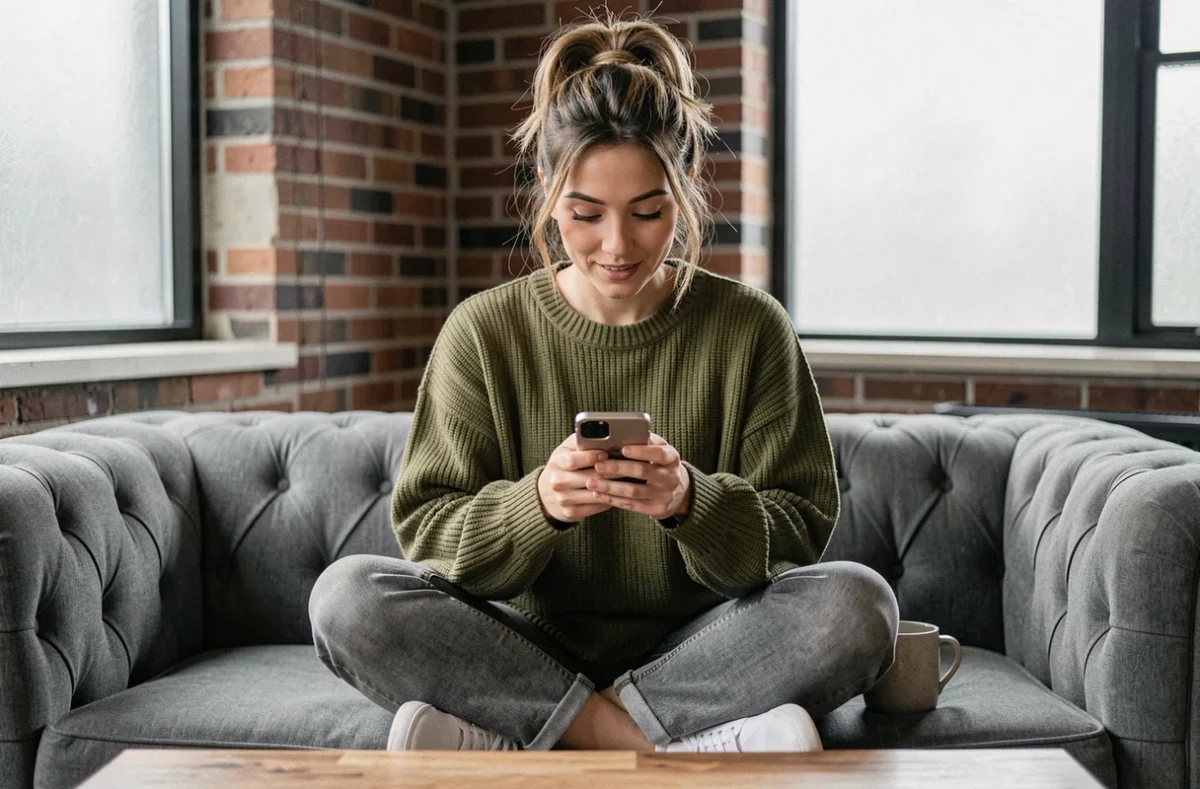 Jeune femme inspirée lisant une citation beauté sur son téléphone dans un appartement moderne