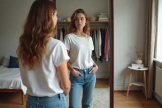 Jeune femme regardant son reflet dans un miroir dans une chambre moderne