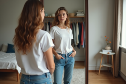 Jeune femme regardant son reflet dans un miroir dans une chambre moderne