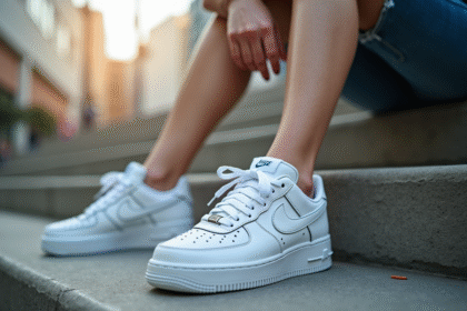 Jeune femme assise sur les escaliers urbains en sneakers blancs