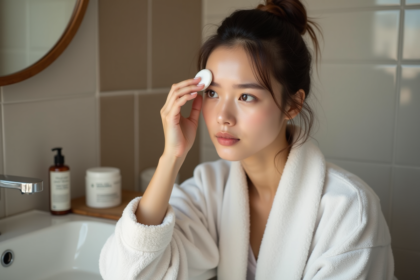 Jeune femme en peignoir applique un pad d'aloe vera sur ses sourcils