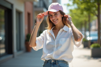 Jeune femme en street style avec casquette pastel dans la ville