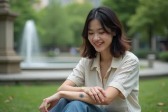Jeune femme admire un tatouage soleil sur son bras en plein air