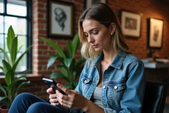 Jeune femme regardant Instagram dans un studio de tatouage moderne
